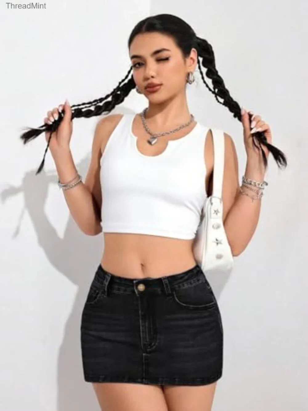 Low Rise Denim Mini Skirt Y2K Jean Skirt with Built-in Shorts